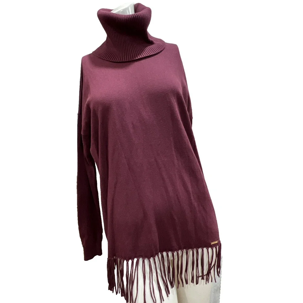 MICHAEL Michael Kors Sweater Womens Large Burgundy  Knit Turtle Neck Fringe Hem